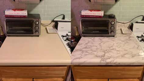 I Faked Nice Countertops With These Marble Stickers Fake Backsplash, Counter Stickers, Ikea Mid Century Modern, My Studio Apartment, Sticker Tiles, Cost Of Countertops, Rental Home Decor, Marble Sticker, Ski Condo