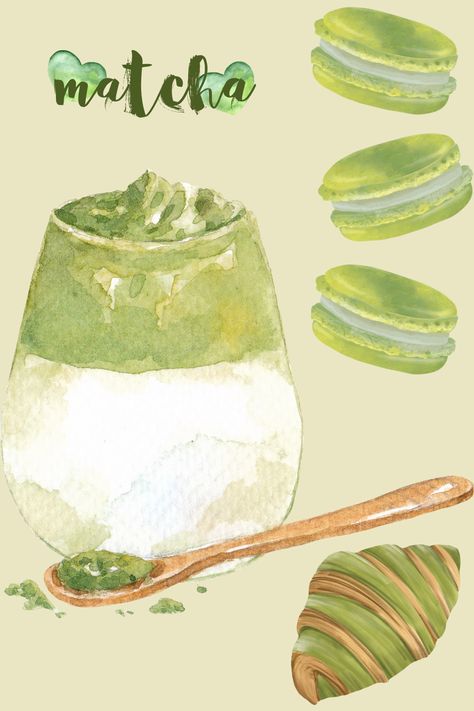 Matcha Background Aesthetic, Cute Doodles Easy Step By Step, Matcha Drawing, Matcha Latte Art, Food Watercolor, Cozy Games, Life Board, Green Watercolor, Matcha Latte