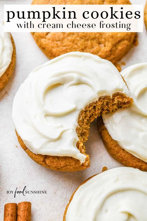 These pumpkin cookies with cream cheese frosting have chewy edges, soft centers and lots of cozy fall spices. Pumpkin cookies are easy to make and are a delicious fall treat. Pumpkin Flavored Cookies, Pumpkin Puree Cookies Easy, Pumpkin Cookie Recipes Best, Pumpkin Cookies Cream Cheese Frosting, Pumpkin Roll Cookies, Pumpkin Cookies With Icing, Pumpkin Bars With Cream Cheese Frosting, Pumpkin Cookies With Cream Cheese Icing, Cream Cheese Frosting For Cookies