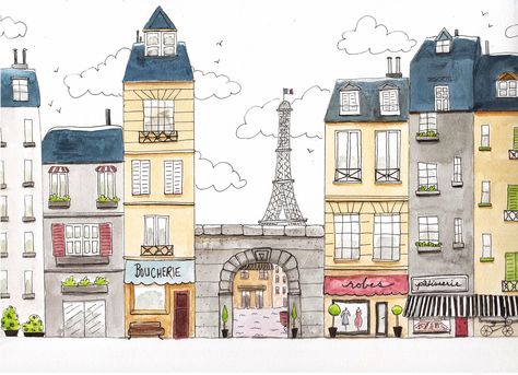 Paris Drawing, Paris Buildings, Paris Illustration, Building Drawing, Building Illustration, House Illustration, City Illustration, Paris Art, House Drawing