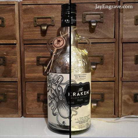 Led Bottle Light, Kraken Rum, Rum Bottle, Bottle Lamp, Spiced Rum, Bottle Lights, Empty Bottles, Engraved Wood, Decanters