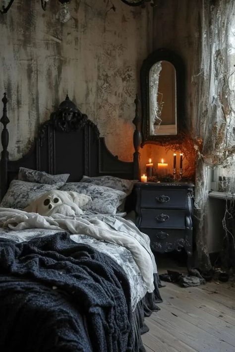 Transform your bedroom into a chilling Halloween haven with these 25 spooky Halloween Bedroom Ideas. From eerie decorations to haunting lighting, discover how to create a sleep space that's both frightful and fashionable. Perfect for those who love a touch of the macabre in their home decor. Halloween Bedroom Ideas, Moon Artwork, Halloween Bedroom, Car Bedroom, Skeleton Decorations, Halloween Charms, Halloween Illustration, Halloween Trees, Lace Decor