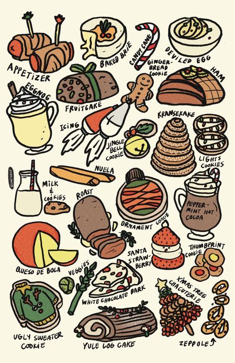 A christmas food illustration poster. There are 26 items, ordered alphabetically. A for appetizer, b for baked brie, all the way to z for Zeppole. The drawing style is whimsical and simple. The colors are muted orange, greens, and beige. Christmas Diner, Abc Wall Art, Abc Wall, Poster Food, Christmas Card Illustration, Poster Christmas, Food Wall Art, Unique Holiday Decor, Abc Poster