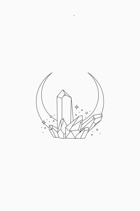 Crystal Illustration Graphic Design, Crystal Logo Design Ideas, Moon And Crystal Tattoo, Crystal Cluster Tattoo, Mineral Tattoo, Crystal Cluster Drawing, Crystal Line Art, Mystic Logo Design, Oracle Tattoo