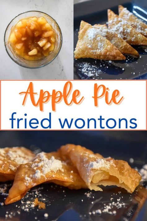 This Apple Pie Fried Wonton Recipe is an incredibly easy dessert that you can make in minutes. A wonton wrapper is filled with warm, gooey, perfectly spiced apples. It is then fried until crisp and dusted with powdered sugar. Wonton Deserts, Diy Wonton Wrappers, Desert Pastries, Wonton Wrapper Dessert, Apple Pie Wontons, Apple Wontons, Dessert Wontons, Wonton Filling Recipes, Wonton Recipe