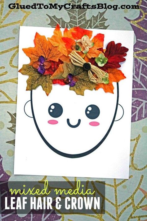 Mixed Media Leaf Hair & Crown - Fall Kid Craft Idea - Free Printable included to get you started! Kunst For Barn, Høstaktiviteter For Barn, Crown For Kids, Crown Crafts, Výtvarné Reference, Easy Fall Crafts, Autumn Activities For Kids, Fall Preschool, Hair Crown