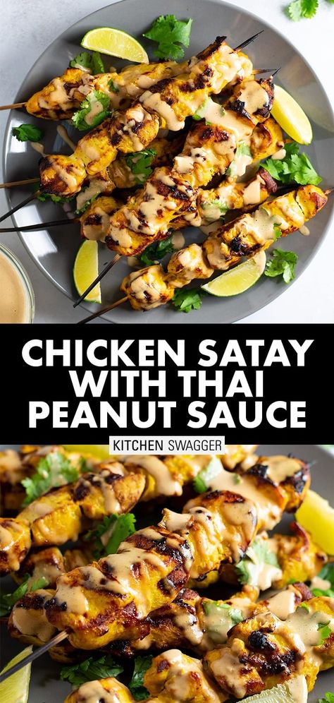 Inspired by the popular Southeast Asian dish, chicken satay. A generously seasoned, grilled chicken skewer served with homemade Thai peanut dipping sauce. #chickenskewers #chickenkebab #thaipeanutsauce #peanutsauce Seasoned Grilled Chicken, Chicken Satay With Peanut Sauce, Peanut Dipping Sauce, Asian Dish, Thai Peanut Chicken, Grilled Chicken Skewers, Peanut Sauce Recipe, Thai Peanut Sauce, Asian Spices