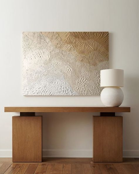 Collection by Anthony Pieters on Instagram: "This digital illustration features a neutral textured artwork hanging above this wooden console table. Just a few pieces like this can bring dimension to an empty space, whether it be a blank wall or a hallway. Understated pieces can still make an impact in your space. . . . . . . . . . . #homedesign #style #interiors #interiordesignhomes #interiordecoration #goldcoastinterior #goldcoasthome #instadecor #thedesignfiles #propertystyling #homestaging Desk Console Table, Console Table Office, Console Table Hallway Luxury, Wooden Console Table Hallway, Hanging Console Table, Anthony Pieters, Entrance Console Design, Console Hallway, Bedroom Console Table