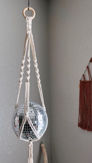 Macrame Ball Holder, Crochet Disco Ball Holder, Macrame Disco Ball Hanger Diy, Disco Ball Macrame Hanger, Disco Boho Decor, Disco Ball Suncatcher, Macrame Disco Ball Hanger, Disco Macrame, Disco Ball Macrame