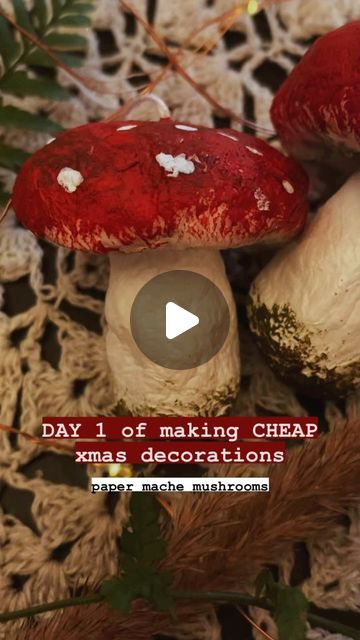 Make Mushrooms Decorations, How To Make Mushrooms Decorations, Christmas Mushrooms, Cheap Christmas Decorations, Paper Mache Christmas, Christmas Decorations Cheap, Cheap Christmas, Paper Mache, Xmas Decorations