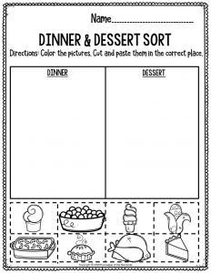 Printable Math Thanksgiving Preschool Worksheets Dinner & Dessert Sort Thanksgiving Food Printables Preschool, Thanksgiving Preschool Dessert, Thanksgiving Math Preschool, Thanksgiving Patterns Preschool, Thanksgiving Patterns Kindergarten, Thanksgiving Math Kindergarten Free, Literacy Worksheets Preschool, Thanksgiving Worksheets Preschool, Prek Thanksgiving