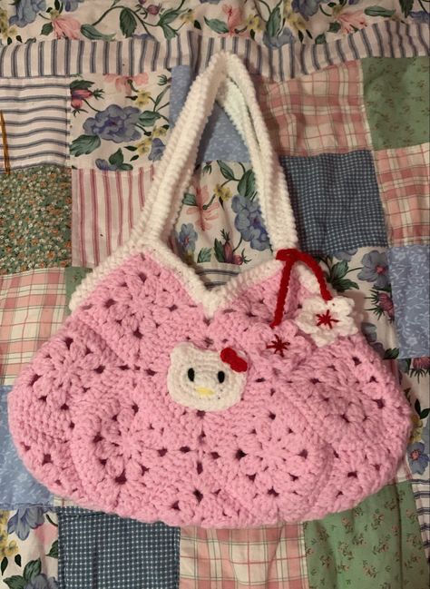 Crochet Hello Kitty Bag, Hello Kitty Sakura, Sanrio Crochet, Y2k Crochet, Hello Kitty Crochet, Crochet Fairy, Crochet Shoulder Bags, Hello Kitty Accessories, Kawaii Crochet