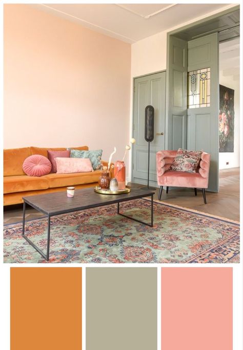 Peach Color Scheme Living Room, Pink Orange Grey Living Rooms, Peach Floor Tiles Living Room, Light Orange Furniture, Yellow Orange Green Home Decor, Green Yellow Orange Interior Design, Pink Orange And Grey Bedroom, Light Green And Orange Bedroom, Pink Sage Green Living Room