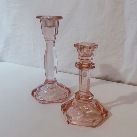 Mismatched Pair Of Vintage Pink Candlesticks Shipping From Nyc Pink Candlesticks, Rose Macarons, Pink Side Table, Katie Rose, Paris Room Decor, Pineapple Candle Holder, Dragon Candle, Square Glass Jars, 2024 Aesthetic