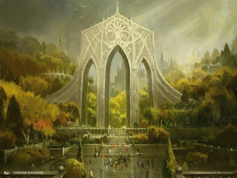 Selesnya Guildgate - Guilds of Ravnica MtG Art Elf City, Elven City, Mtg Art, Rpg Map, Fantasy Castle, Fantasy City, Fantasy Setting, Fantasy Places, Fantasy Art Landscapes