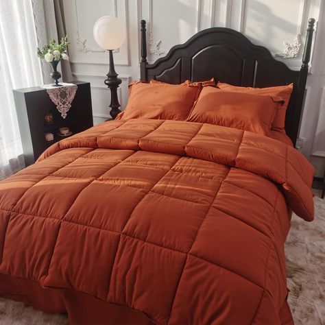 PRICES MAY VARY. 【Bed in a bag】 This all-in-one bed in a bag includes everything you need for a cozy night's sleep. The comforter set includes 1 Comforter (102" x 90"), 2 pillowcases (20" x 36"), 2 Pillow Shams (20" x 36" + 2"), 1 Fitted Sheet (78" x 80" + 14"), 1 Flat Sheet (108" x 102"). Perfect for upgrading your bedroom decor or as a thoughtful gift for loved ones. 【Elegant Reversible Design】 With its double-colored design, our comforter set is reversible, giving you the option to switch up Burnt Orange Comforter, Soft Comforter Bedding, Orange Bed, Orange Comforter, Bedding Comforter Sets, Bedding Comforter, Reversible Comforter, Bed In A Bag, One Bed