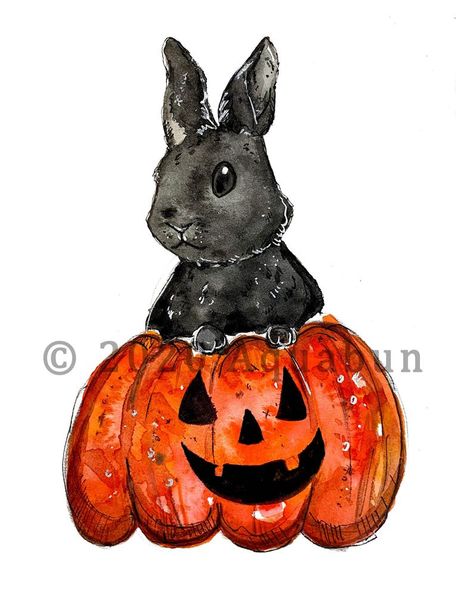 Bunny Watercolor Painting, Spooky Watercolor, Rabbit Halloween, Rabbit Sticker, Halloween Posters, Bunny Watercolor, Glicee Prints, Bear Watercolor, Black Rabbit