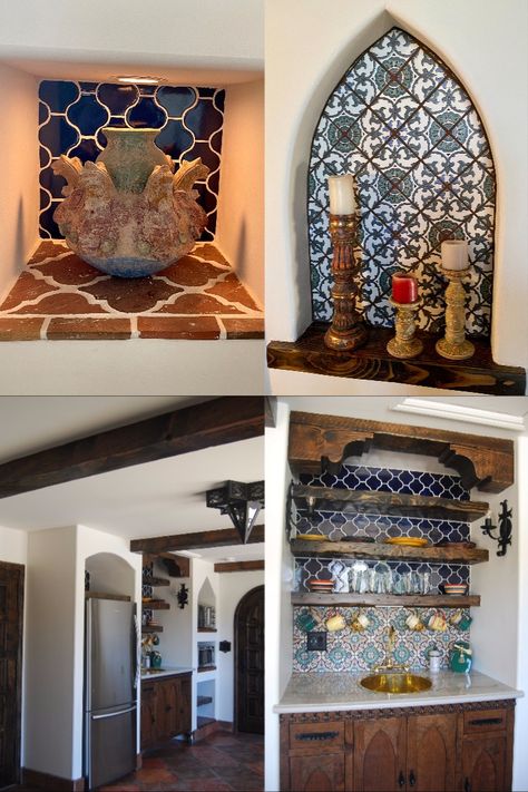 Small Kitchen Spanish Style, Modern Spanish Coastal Style Homes, Spanish Colonial Lighting, Vintage Spanish Style Homes, Hacienda Style Kitchen Spanish Colonial, Old Spanish Style Homes Kitchen, Spanish Style Light Fixtures, Spanish Shelves, Casita Kitchenette