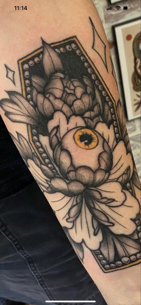 Eye Floral Tattoo, Coffin With Flowers Tattoo, Coffin Flower Tattoo, Peony With Eye Tattoo, Neo Traditional Coffin Tattoo, Coffin Tattoo, Eyeball Tattoo, Throat Tattoo, Peonies Tattoo