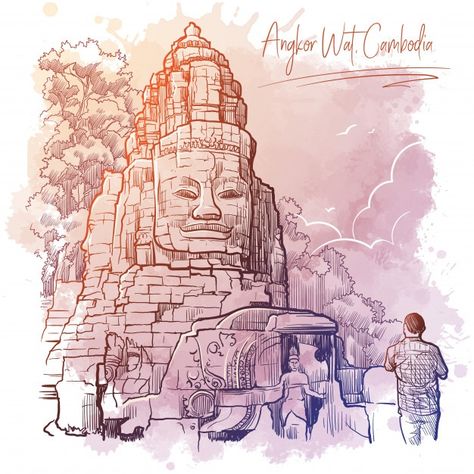 Bayon Temple Drawing, Angkor Wat Cambodia Drawing, Angkor Wat Art, Angkor Wat Drawing, Angkor Wat Tattoo, Sketch Everyday, Kbach Khmer, Cambodia Art, Drawing With Color