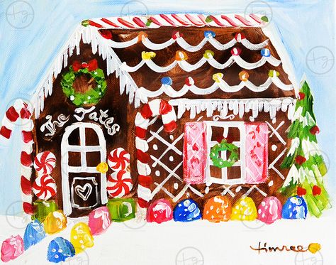 Gingerbread house painting by Timree Christmas Paintings Gingerbread, Gingerbread House Painting, Christmas Rock, Holiday Painting, Acrylic Painting For Beginners, Bunny Designs, Christmas Canvas, Christmas Drawing, Christmas Scene