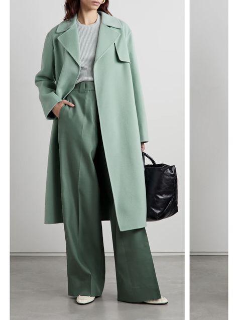 Green Monochromatic Outfit, Green Monochromatic, Mint Outfit, Theory Clothing, Monochromatic Fashion, Trench Coat Outfit, Monochromatic Outfit, Monochrome Outfit, Green Coat