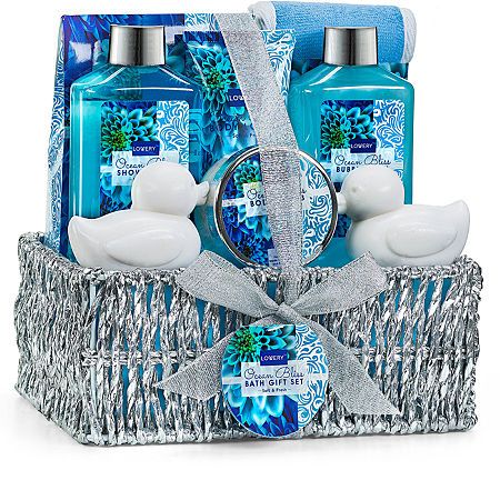 Blue Gift Basket, Cool Tech Gifts, Home Spa Treatments, Spa Gift Basket, Bath Gift Set, Aromatherapy Gifts, Purple Gift, Bath Gift, Orange You Glad