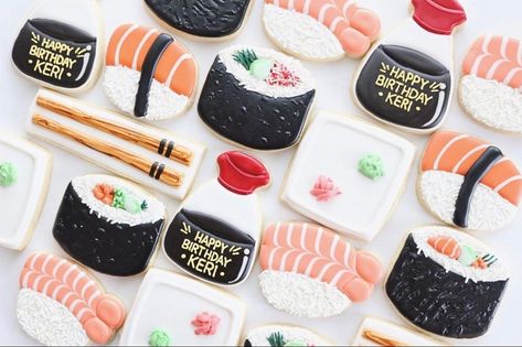 Hello Wednesday... if we have Taco Tuesday... that means that we can have Sushi Wednesday, right 🍣? Stunning cookies by @my.two.cookies Sushi Cookies Decorated, Sushi Reference, Sushi Party Decorations, Sushi Cookies, Tipless Piping Bags, Fondant Biscuits, Happy Birthday Cookies, Sushi Birthday, Bday Cookies