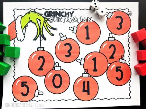 Grinch Theme Preschool Activities, Grinch Games For Kids Free Printable, Christmas Subtraction Kindergarten, The Grinch Preschool Activities, Grinch Math Activities Kindergarten, Preschool Grinch Day, Kindergarten Grinch Day, Grinch Day Preschool Activities, Grinch Math Activities