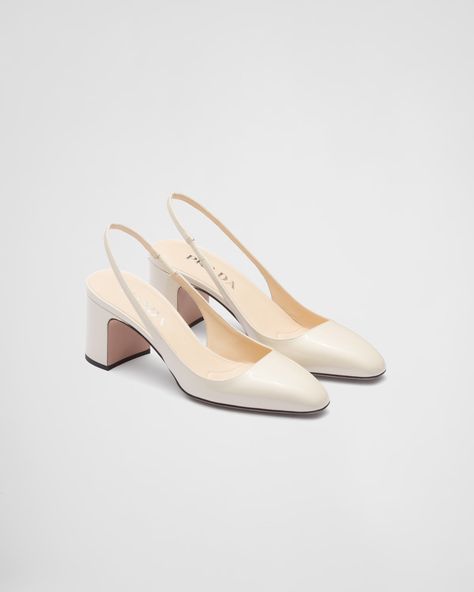 Ivory Patent-leather Slingback Pumps | PRADA Hak Tinggi, Dr Shoes, Fancy Shoes, Shoe Inspo, Girly Shoes, Aesthetic Shoes, Elegant Shoes, Pretty Shoes, Dream Shoes