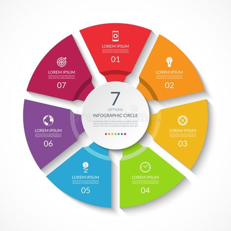 Infographic circle. Process chart. Vector diagram with 7 options. stock illustration Graph Presentation, Web Design Illustration, Circle Diagram, Process Chart, Circle Infographic, Photo Background Images, Photo Backgrounds, Teamwork, Geometric Shapes