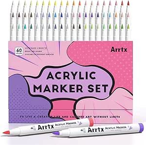 Arrtx Acrylic Paint Pens 60B,Brush Tip Acrylic Markers for Rock Painting,Glass,Stone,Wood,Ceramic Fabric Markers For Rock Painting, Acrylic Paint Markers, Acrylic Markers, Painting Glass, Wood Ceramic, Acrylic Paint Pens, Markers Set, Paint Markers, Paint Pens