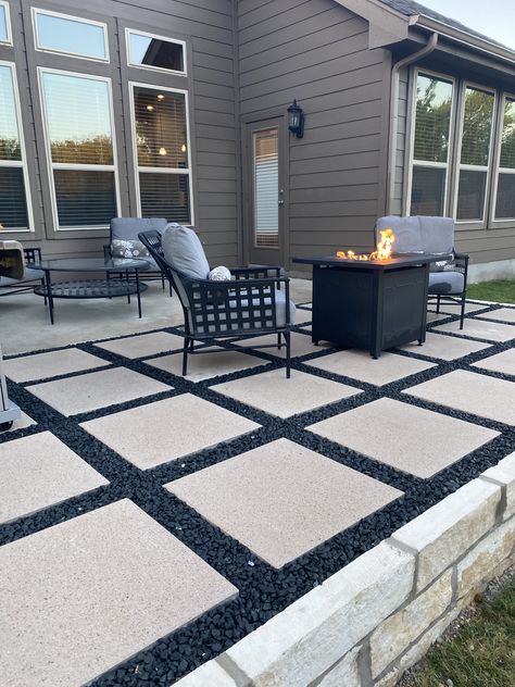 Stairs From House To Backyard, Cover Concrete Patio With Pavers, Front Lawn Patio Ideas, Patio With Rocks And Pavers, Gravel Landscaping Around Trees, Concrete Patio Front Of House, Side House Patio, Stone For Patio, Outdoor Paver Patio Ideas Backyards