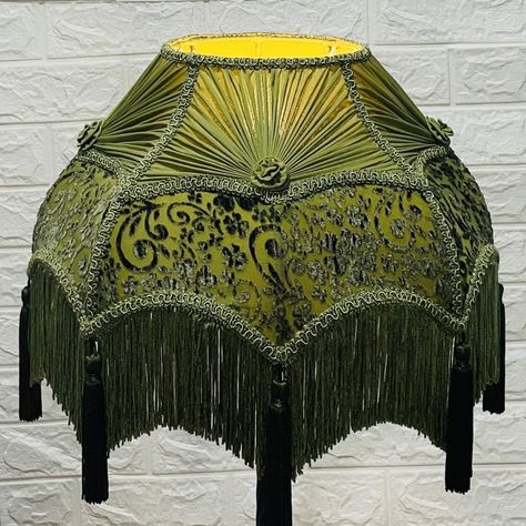 Lampshade scallop dome green burn-out velvet with fringe. This lampshade is handmade & may have slight imperfections (as you may see) which are inherent to hand-crafted items and should be viewed as part of its natural beauty and charm. They may show subtle variations and small flaws which are part of the individual character and charm of handicraft work. RETURN POLICY: WE DO ACCEPT RETURNS BUT WILL ONLY REFUND THE AMOUNT FOR THE COST OF THE LAMPSHADE. SO, IF YOU HAVE TO RETURN THE LAMPSHADE FOR Green Vintage Lamp, Lamp Shade Vintage, Green Victorian Lampshade, Diy Victorian Lampshades, Lamp Shade Crafts, Green Lampshade, Velvet Lampshade, Vintage Lampshades, Victorian Lighting