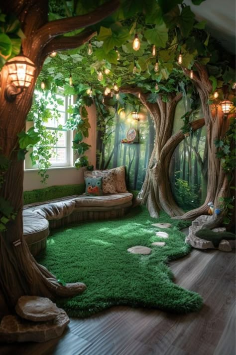 Forest Themed Interior Design, Library Themed Room, Enchanted Forest Apartment, Reading Tree Corner, Woodland Bedroom Aesthetic, Enchanted Forest Reading Corner, Enchanted Tree House, House Interior Theme Ideas, Forest Themed Library