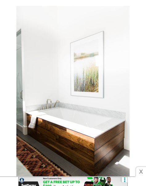 Tub Skirt, Mcgee Bathroom, Studio Mcgee Bathroom, Farmhouse Bathroom Inspiration, Popular Bathroom Designs, Wood Tub, Modern Vintage Bathroom, Luxury Bathroom Vanity, Bathroom With Tub