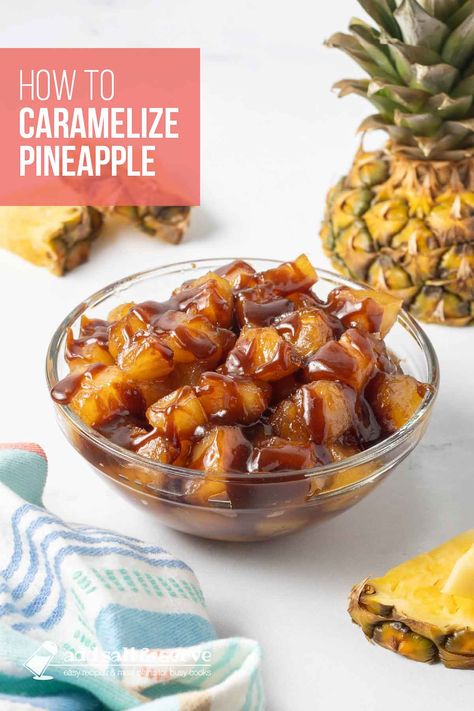 Super easy 3 ingredient Caramelized Pineapple is a tasty dessert or sweet side dish that takes less than 15 minutes. Pineapple Compote, Caramelized Pineapple, Pineapple Glaze, Roasted Pineapple, Tasty Dessert, Pineapple Slices, Canned Pineapple, 3 Ingredient, Fruit Desserts