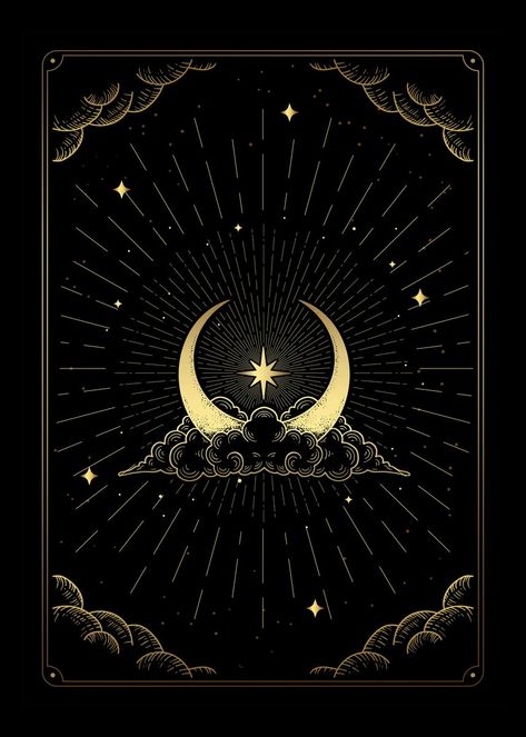 Art Deco Moon Illustration, Tarot Design Ideas, Tarot Style Art, Celestial Art Aesthetic, Tarot Card Back Design, Mystic Arts Aesthetic, Witchy Phone Backgrounds, The Moon Tarot Card Art, Art Deco Witch