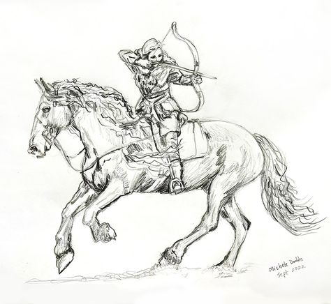 Pencil drawing of a horse and a woman archer. Horse Bucking With Rider Drawing, Horse Archer Art, Warrior On Horse Drawing, Ride Horse Drawing, Horse Rearing With Rider Drawing, Horse On Hind Legs Drawing, Horse Rearing Drawing, Warrior Drawing Male, Person Riding Horse Drawing Reference