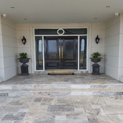 Natural stone tile front entrance, the Silver Travertine contrasts well against light and dark fixtures and fittings making it suitable for all modern and period style homes. www.trioceramica.com.au #trioceramica #tiles #homebuilding Tile Front Entrance, Travertine Entrance, Grey Travertine, Silver Travertine, Silver Ash, Travertine Outdoor, Dark Ash, Natural Stone Pavers, Travertine Tile