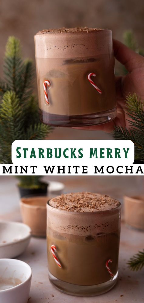 This Starbucks Merry Mint White Mocha has a delicious white chocolate mocha latte base that is topped with the most luscious peppermint chocolate cream. As if that were not enough in this Starbucks mint white mocha we will top it all off with some chocolate curls to bring out those holiday vibes even more. Peppermint Cookie Recipe, Homemade Mocha, Peppermint Syrup, White Chocolate Sauce, Mint Mocha, Mocha Recipe, Peppermint Chocolate, Frappuccino Recipe, Peppermint White