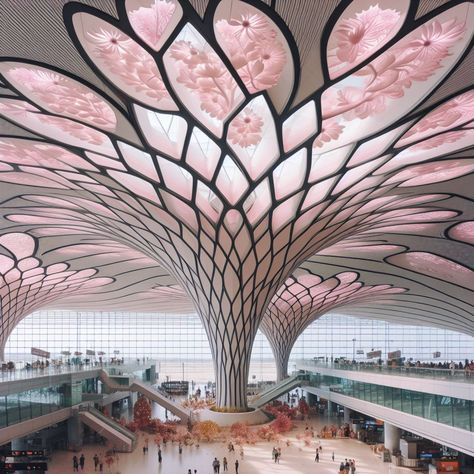 The bright and vibrant ambiance is decorated with floral notes from the ground to the naturally inspired structures. The escalators are looking up at each floral structure that has shades of pink.  #BrightAmbiance #VibrantDecor #FloralNotes #NaturallyInspiredStructures #EscalatorViews #FloralStructures #PinkShades #AmbientDesign #NatureInspiration #FloralAesthetics Nature Architecture Concept Inspiration, Nature Interior Design Concept, Wave Concept Architecture, Architecture Inspired By Nature, Interesting Structures, Floral Structure, Biomimicry Architecture, Travel Architecture, Conceptual Architecture