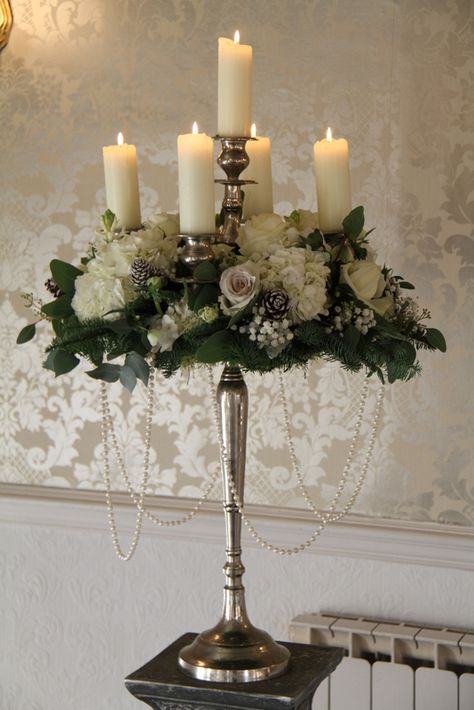 Silver Candleabra Centerpiece Wedding, Flowers On Candlesticks, Candleabra Wedding, Candelabra Flowers, Winter Flower Arrangements, Candelabra Wedding, Candle Arrangements, Creative Flower Arrangements, Memorial Flowers