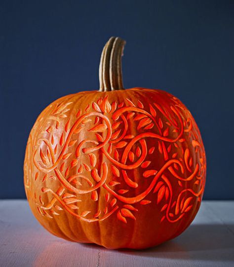 To recreate this soft glow, use a lemon zester, clay loop or linoleum cutter to peel away the top layer without puncturing the rind.  Get the tutorial at Good Housekeeping » Funny Pumpkin Carvings, Cute Pumpkin Carving, Pumkin Carving, Halloween Pumpkin Carving Stencils, No Carve Pumpkin Decorating, Labu Halloween, Creative Pumpkin Carving, Amazing Pumpkin Carving, Easy Pumpkin Carving