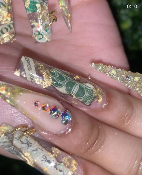 Dollar Bill Nails, Dollar Nails, Nail Suggestions, 25th Bday, Money Nails, Birthday 2023, Encapsulated Nails, Birthday Money, Butterfly Nail Art