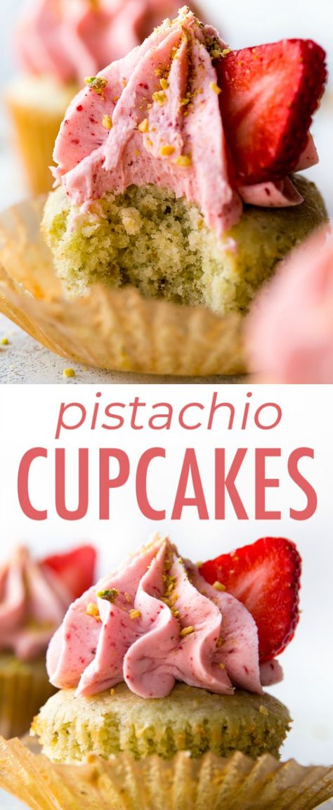 Pistachio Cupcakes, Almond Cupcakes, Frosting Chocolate, Fluffy Cupcakes, Pistachio Recipes, Strawberry Frosting, Pistachio Cake, Bake Cheesecake, Strawberry Cupcakes