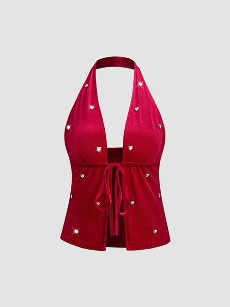 Women Heart Print Halter Tie Back Sleeveless Casual Tank Top Red    Knitted Fabric   Medium Stretch  Women Clothing, size features are:Bust: ,Length: ,Sleeve Length: Clothing Png, Red Clothes, Girly Dresses, Fabric Medium, Red Outfit, Casual Tank Tops, Red Top, Tank Top Cami, Kids Beachwear