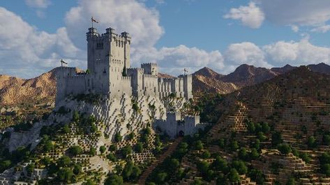 Minecraft Hilltop Castle, Minecraft Mountain Fortress, Minecraft Mountain Castle, Minecraft Castle Walls, Minecraft Medieval Castle, Minecraft Building Designs, Minecraft Castle Designs, Minecraft Modern City, Minecraft Statues