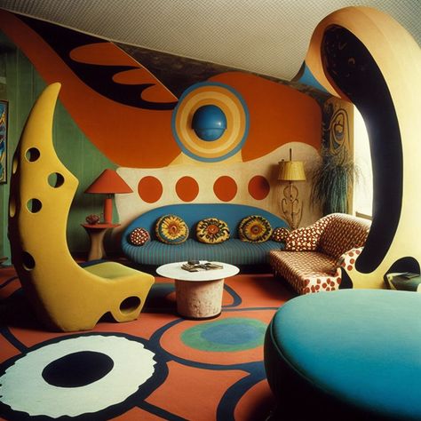 60s Mod Interior Design, Memphis Architecture, Funky Architecture, 70s Retrofuturism, Weird Interior Design, Alien Interior Design, Retro Futurism Interior Design, Retro Futurism Aesthetic Room, 80s Architecture