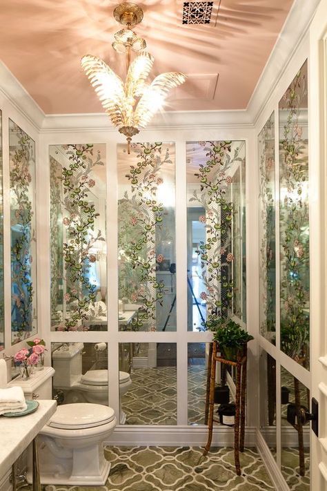 ruthie-sommers-ceiling-paint-colors-pink-bathroom-ceiling Chic Powder Room, Ceiling Paint Colors, Pink Ceiling, Hallway Colours, The Enchanted Home, Colored Ceiling, Bathroom Ceiling, Enchanted Home, Chinoiserie Chic